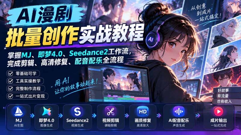 (20488期)AI漫剧批量创作实战教程:掌握MJ、即梦4.0、Seedance2工作流,完成剪辑、高清修复、配音配乐全流程-百科网
