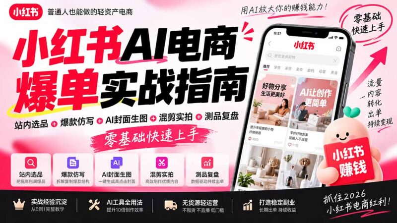 (20516期)2026小红书AI电商爆单实战指南:站内选品+爆款仿写+AI封面生图+混剪实拍+测品复盘,零基础快速上手-百科网