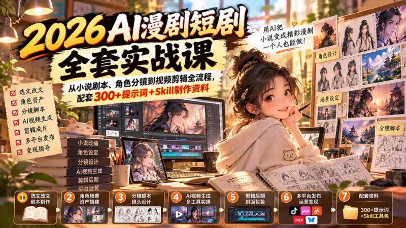 （20629期）2026AI漫剧短剧全套实战课：从小说剧本、角色分镜到视频剪辑全流程，配套300+提示词+Skill制作资料-百科网