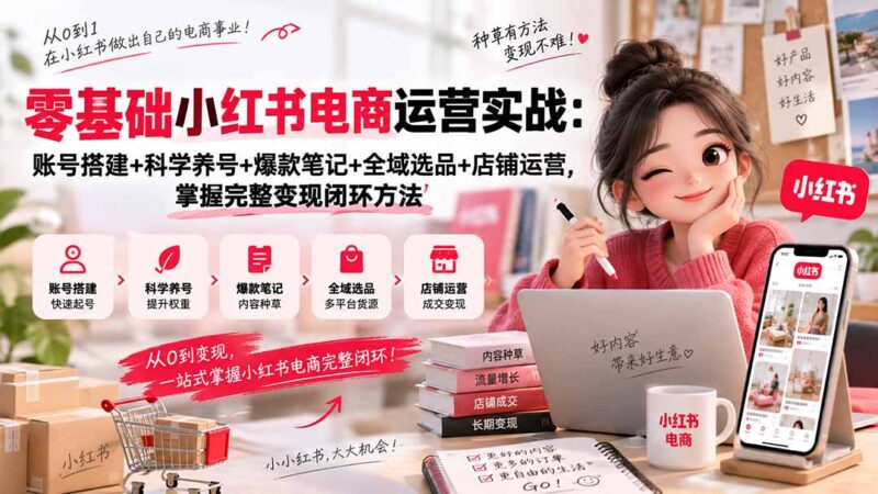 （20467期）零基础小红书电商运营实战：账号搭建+科学养号+爆款笔记+全域选品+店铺运营，掌握完整变现闭环方法-百科网