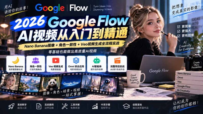 (20608期)【无水印】Google Flow AI视频从入门到精通:Nano Banana图像+角色一致性+Veo视频生成全流程实战-精翻中英字幕-百科网