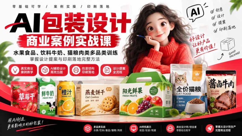 (20387期)AI包装设计商业案例实战课:水果食品、饮料牛奶、猫粮肉类多品类训练,掌握设计提案与印刷落地完整方法-百科网
