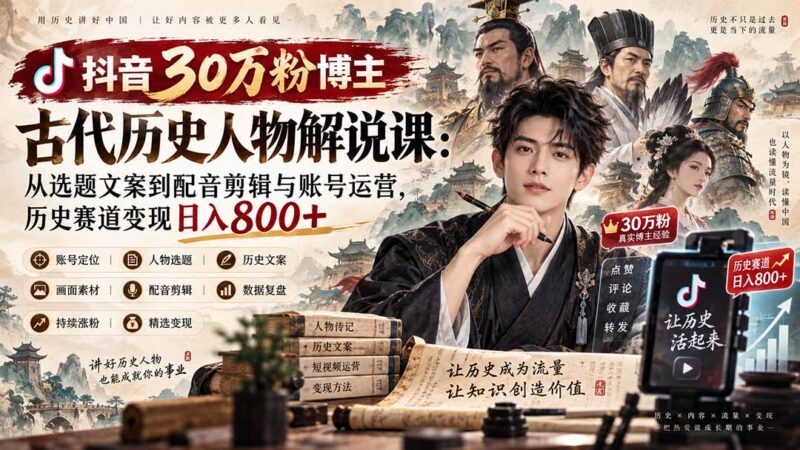 （20441期）抖音30万粉博主古代历史人物解说课：从选题文案到配音剪辑与账号运营，历史赛道变现日入800+-百科网