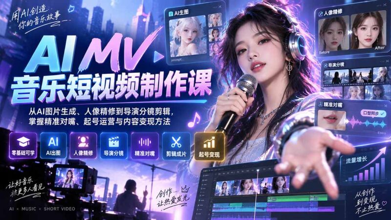 (20364期)AI MV音乐短视频制作课:从AI图片生成、人像精修到导演分镜剪辑,掌握精准对嘴、起号运营与内容变现方法-百科网