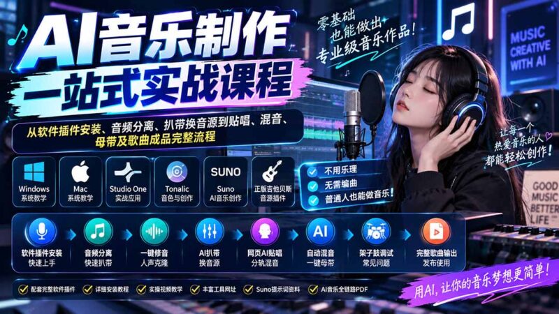 (20490期)AI音乐制作一站式实战课程:从软件插件安装、音频分离、扒带换音源到贴唱、混音、母带及歌曲成品完整流程-百科网