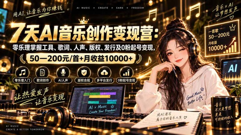 （20442期）AI音乐创作变现营：零乐理掌握工具、歌词、人声、版权、发行及0粉起号变现，50—200元/首+月收益10000+-百科网