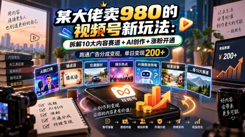 (20572期)某大佬卖980的视频号新玩法:拆解10大内容赛道+AI创作+涨粉开通,跑通广告分成变现,单日变现200+-百科网