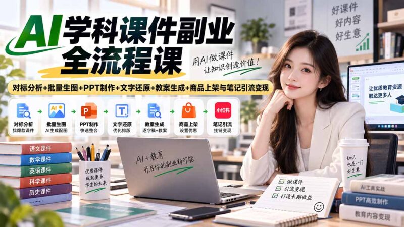 (20469期)AI学科课件副业全流程课|对标分析+批量生图+PPT制作+文字还原+教案生成+商品上架与笔记引流变现-百科网
