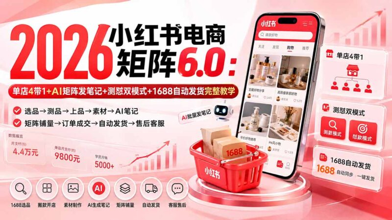 (20310期)2026小红书电商矩阵6.0:单店4带1+AI矩阵发笔记+测怼双模式+1688自动发货完整教学-百科网