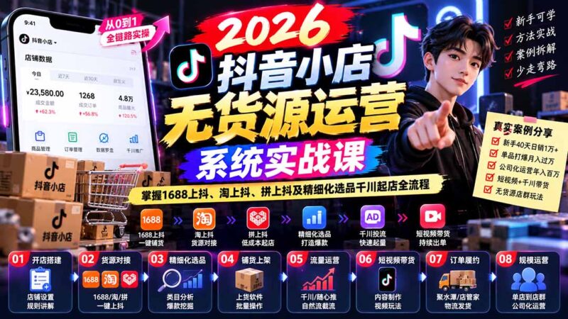 2026抖音小店无货源运营系统实战课:掌握1688上抖、淘上抖、拼上抖及精细化选品千川起店全流程-百科网_分享创业项目_网上赚钱方法