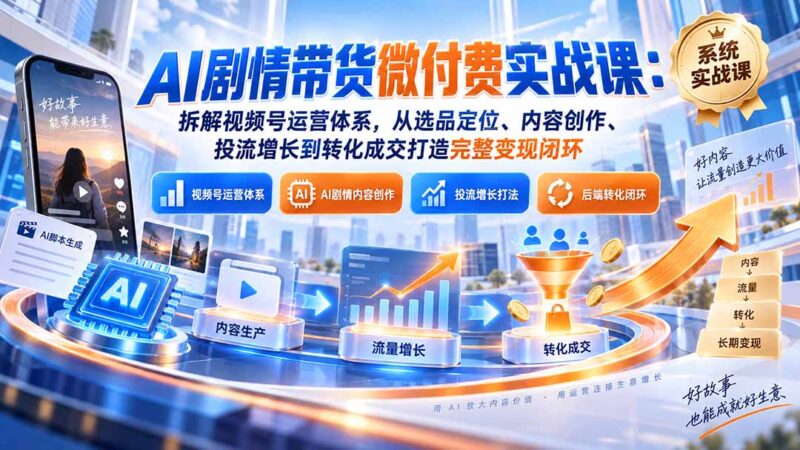 （20611期）AI剧情带货微付费实战课：拆解视频号运营体系，从选品定位、内容创作、投流增长到转化成交打造完整变现闭环-百科网