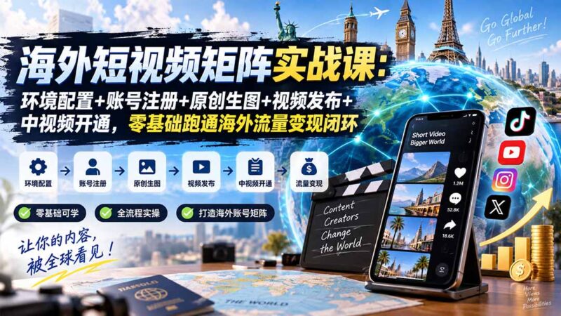 （20470期）海外短视频矩阵实战课：环境配置+账号注册+原创生图+视频发布+中视频开通，零基础跑通海外流量变现闭环-百科网