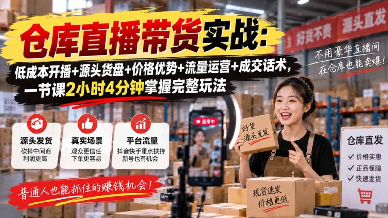 (20471期)仓库直播带货实战:低成本开播+源头货盘+价格优势+流量运营+成交话术,一节课2小时4分钟掌握完整玩法-百科网