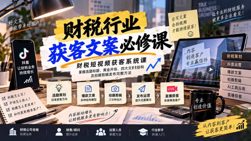 （20591期）财税短视频获客系统课：掌握选题标题、黄金开场、四大文案结构及拍摄剪辑发布完整方法-百科网