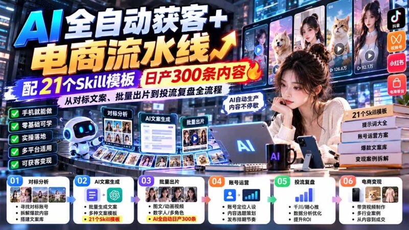 AI全自动获客+电商流水线:配21个Skill模板,日产300条内容,从对标文案、批量出片到投流复盘全流程-百科网_分享创业项目_网上赚钱方法