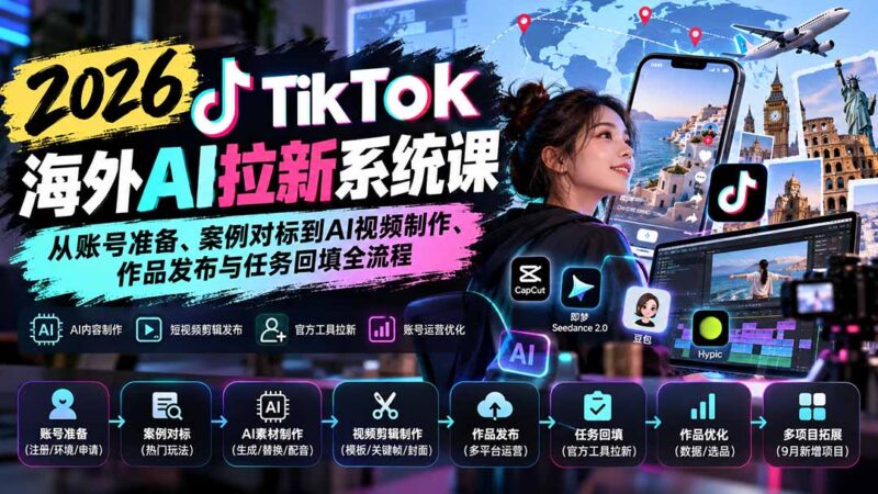 【无水印】2026 TikTok海外AI拉新系统课：从账号准备、案例对标到AI视频制作、作品发布与任务回填全流程-百科网_分享创业项目_网上赚钱方法