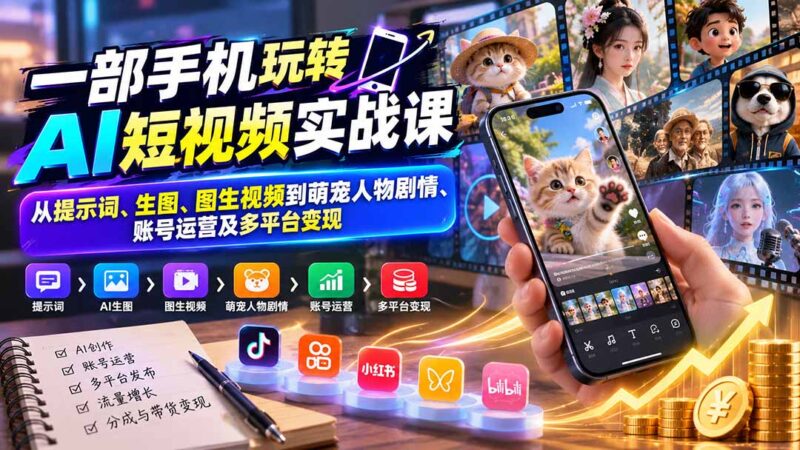 一部手机玩转AI短视频实战课:从提示词、生图、图生视频到萌宠人物剧情、账号运营及多平台变现-百科网_分享创业项目_网上赚钱方法