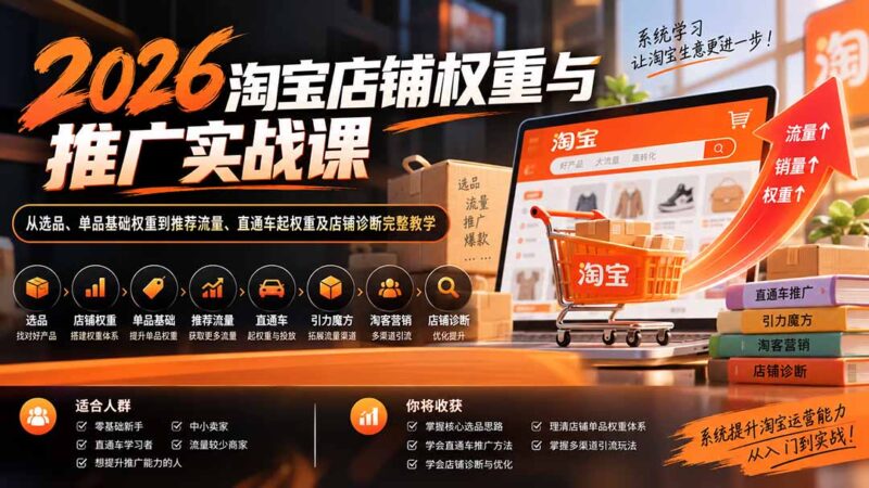 （20411期）2026淘宝店铺权重与推广实战课：从选品、单品基础权重到推荐流量、直通车起权重及店铺诊断完整教学-百科网