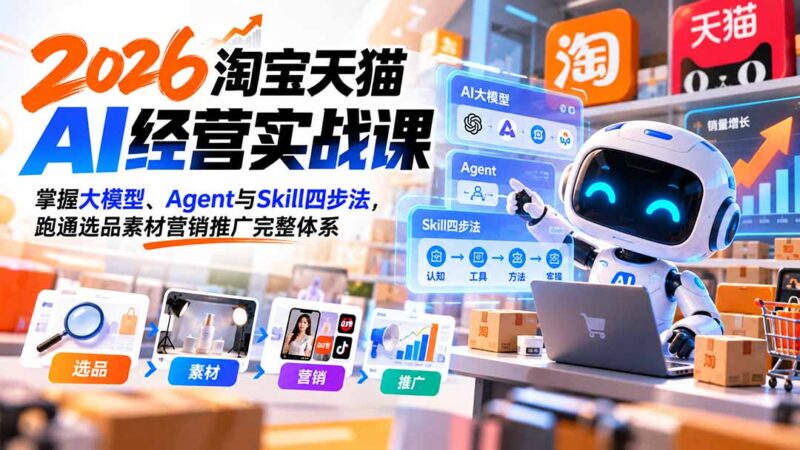 【无水印】2026淘宝天猫AI经营实战课：掌握大模型、Agent与Skill四步法，跑通选品素材营销推广完整体系-百科网_分享创业项目_网上赚钱方法