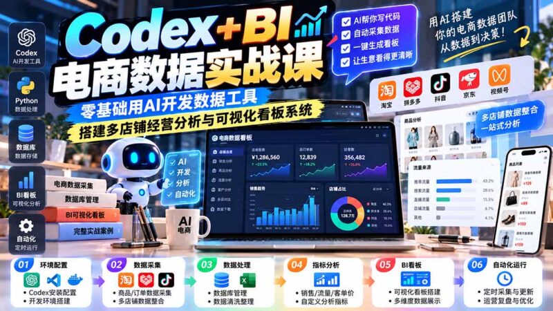 Codex+BI电商数据实战课：零基础用AI开发数据工具，搭建多店铺经营分析与可视化看板系统-百科网_分享创业项目_网上赚钱方法