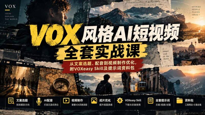 【无水印】VOX风格AI短视频全套实战课：从文案选题、配音到视频制作优化，附VOXeasy Skill及提示词资料包-百科网_分享创业项目_网上赚钱方法