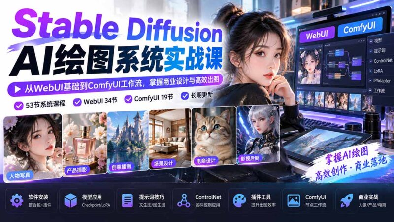 Stable Diffusion AI绘图系统实战课：从WebUI基础到ComfyUI工作流，掌握商业设计与高效出图-百科网_分享创业项目_网上赚钱方法