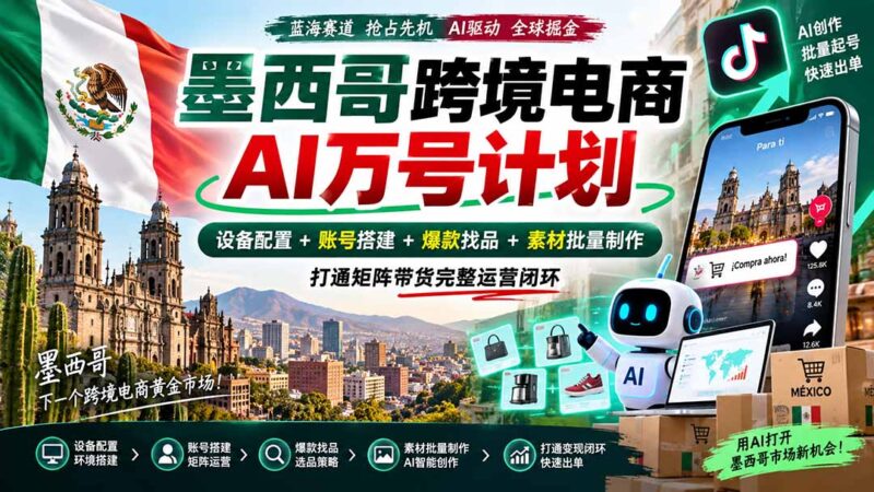 (20500期)墨西哥AI跨境电商万号筹划|装置配置+账号搭建+爆款找品+素材批量制作,打通矩阵带货完备运营闭环-百科网