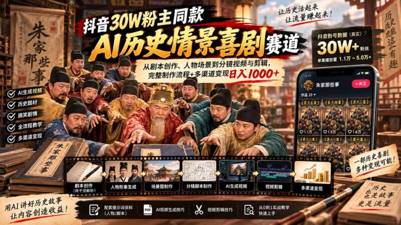 （20613期）抖音30W粉博主同款AI历史情景喜剧赛道：从剧本创作、人物场景到分镜视频与剪辑，完整制作流程+多渠道变现日入1000+-百科网