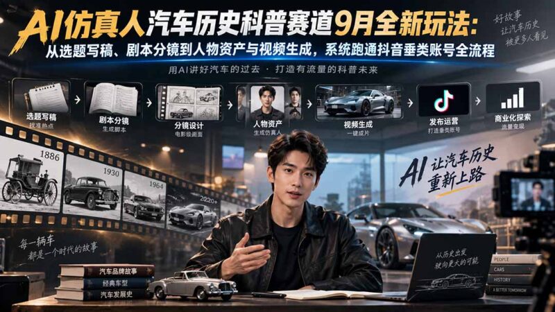 (20413期)AI仿真人汽车历史科普赛道9月全新玩法:从选题写稿、剧本分镜到人物资产与视频生成,系统跑通抖音垂类账号全流程-百科网