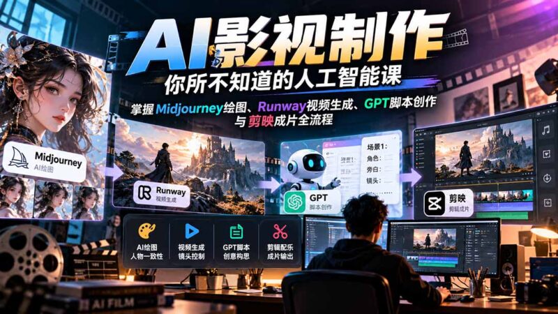 AI影视制作-你所不知道的人工智能课,掌握Midjourney绘图、Runway视频生成、GPT脚本创作与剪映成片全流程-百科网_分享创业项目_网上赚钱方法