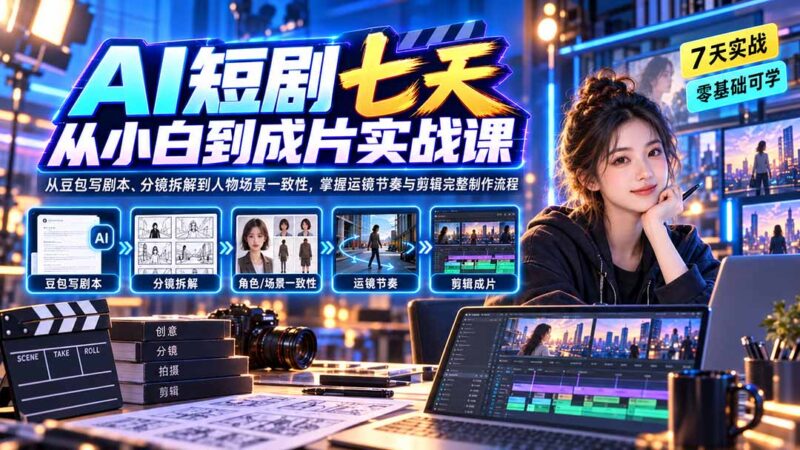 （20329期）AI短剧七天从小白到成片实战课：从豆包写剧本、分镜拆解到人物场景一致性，掌握运镜节奏与剪辑完整制作流程-百科网