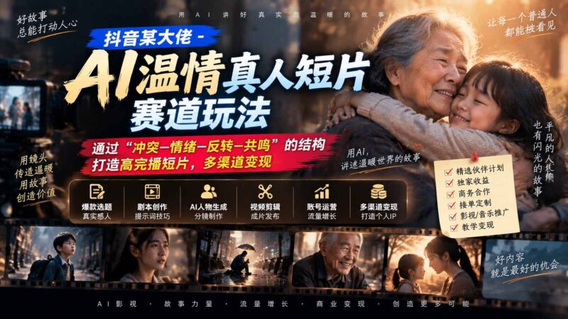 （20538期）抖音某大佬-AI温情真人短片赛道玩法：通过“冲突—情绪—反转—共鸣”的结构打造高完播短片，多渠道变现-百科网