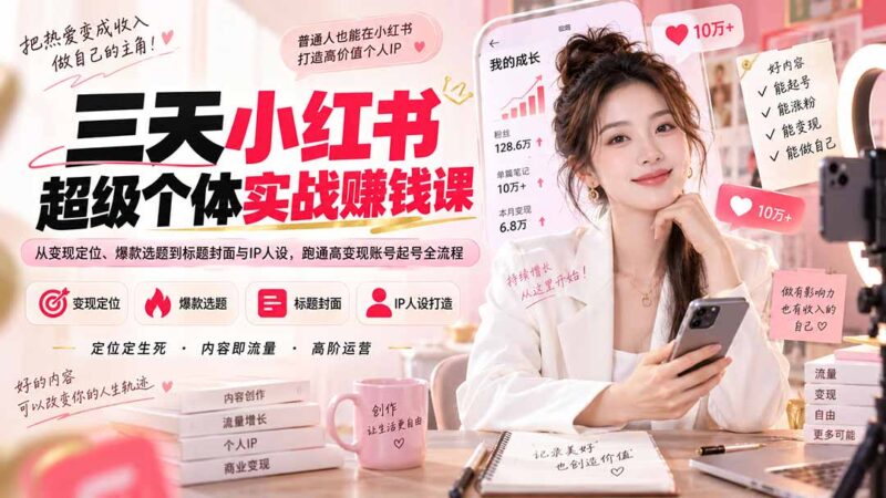(20331期)三天小红书超级个体实战赚钱课:从变现定位、爆款选题到标题封面与IP人设,跑通高变现账号起号全流程-百科网
