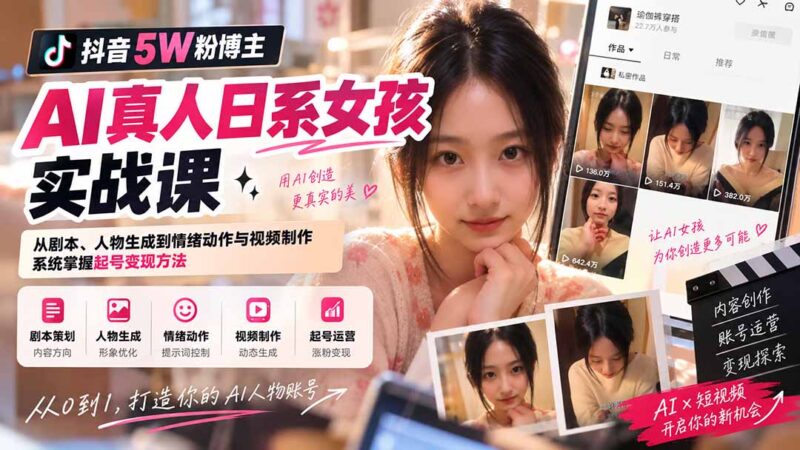 (20387期)抖音5W粉博主AI真人日系女孩实战课:从剧本、人物生成到情绪动作与视频制作,系统掌握起号变现方法-百科网
