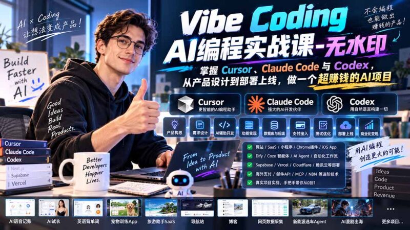 (20431期)Vibe Coding AI编程实战课-无水印:掌握Cursor、Claude Code与Codex,从产品设计到部署上线,做一个超赚钱的AI项目-百科网