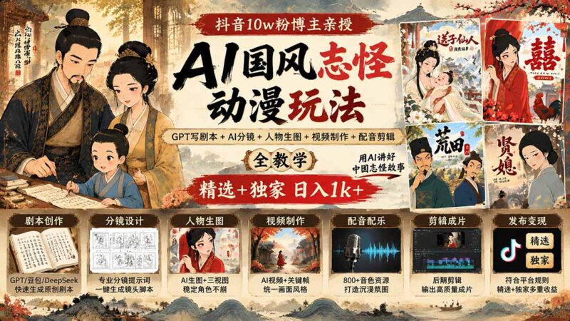 （20538期）抖音10w粉博主亲授AI国风志怪动漫玩法｜GPT写剧本+AI分镜+人物生图+视频制作+配音剪辑全教学｜精选+独家日入1k+-百科网