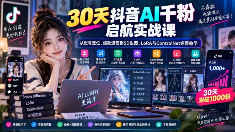 (20291期)30天抖音AI千粉启航实战课:从账号定位、爆款运营到SD生图、LoRA与ControlNet完整教学-百科网