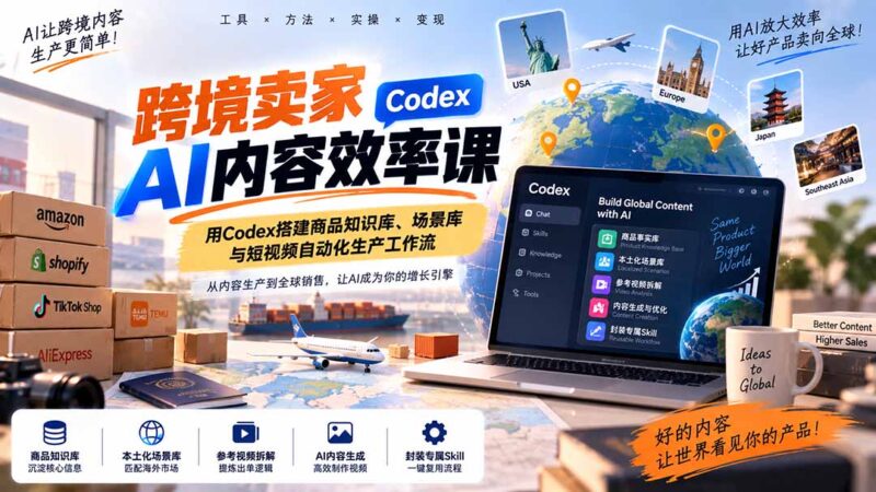（20595期）跨境卖家AI内容效率课：用Codex搭建商品知识库、场景库与短视频自动化生产工作流-百科网