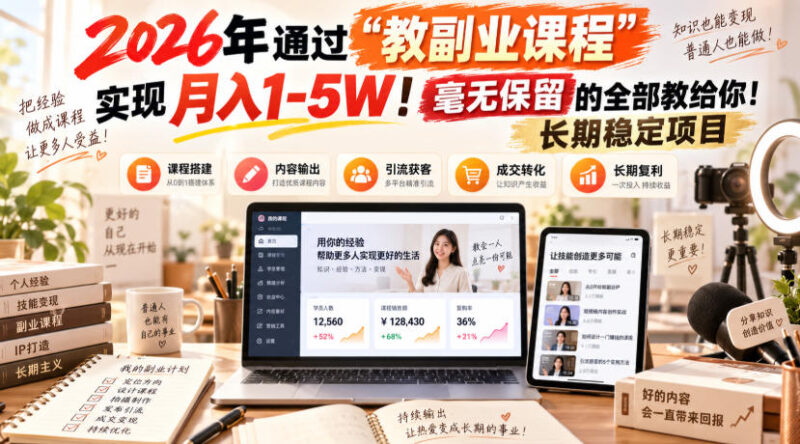 (20468期)2026年通过“教副业课程”实现月入1-5W!毫无保留的全部教给你!长期稳定项目-百科网