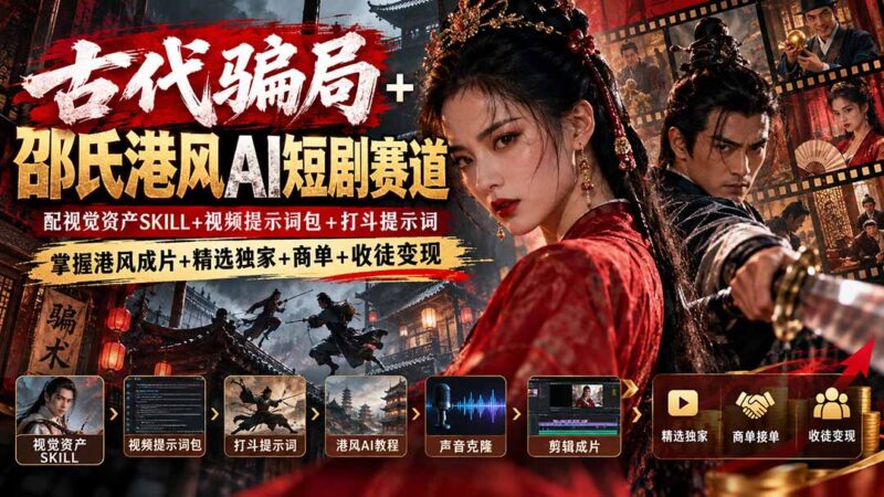 古代骗局+邵氏港风AI短剧赛道:配视觉资产SKILL+视频提示词包+打斗提示词,掌握港风成片+精选独家+商单+收徒变现-百科网_分享创业项目_网上赚钱方法