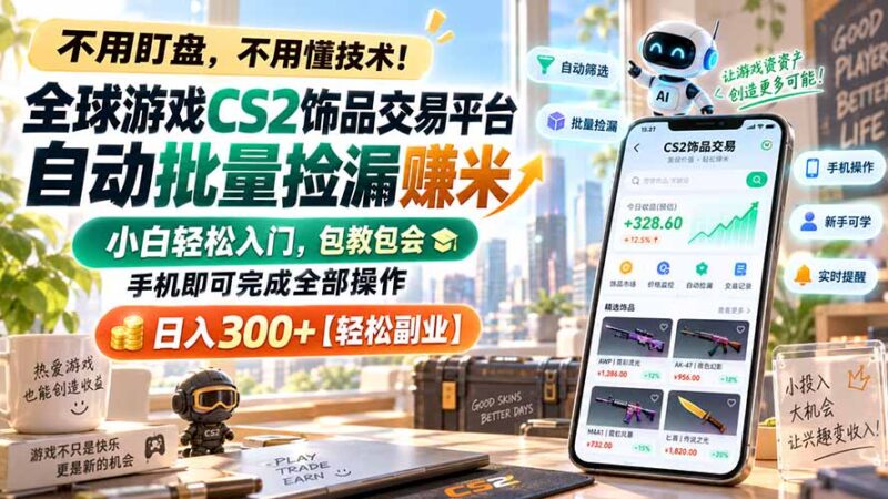 (20454期)全球游戏CS2饰品交易平台自动批量捡漏赚米,小白轻松入门,包教包会,手机即可完成全部操作,日入300+【轻松副业】-百科网