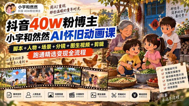 (20549期)抖音40W粉博主小宇和然然AI怀旧动画课|脚本+人物+场景+分镜+图生视频+剪辑,跑通精选变现全流程-百科网