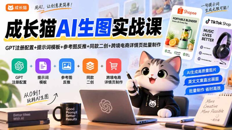 (20482期)成长猫AI生图实战课|GPT注册配置+提示词模板+参考图反推+同款二创+跨境电商详情页批量制作-百科网