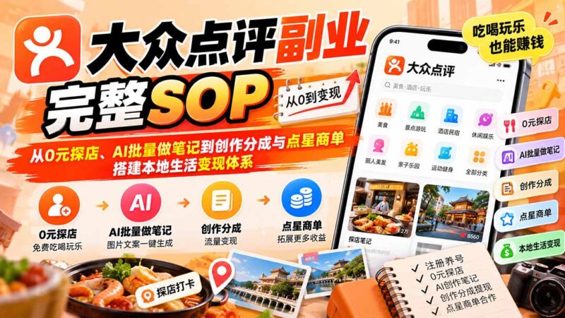 (20638期)【无水印】大众点评副业完整SOP:从0元探店、AI批量做笔记到创作分成与点星商单,搭建本地生活变现体系-百科网