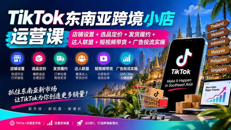 （20483期）TikTok东南亚跨境小店运营课：店铺设置+选品定价+发货履约+达人联盟+短视频带货+广告投流实操-百科网
