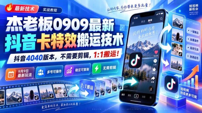 （20369期）杰老板0909最新抖音卡特效搬运技术，抖音4040版本，不需要剪辑，1:1搬运！-百科网