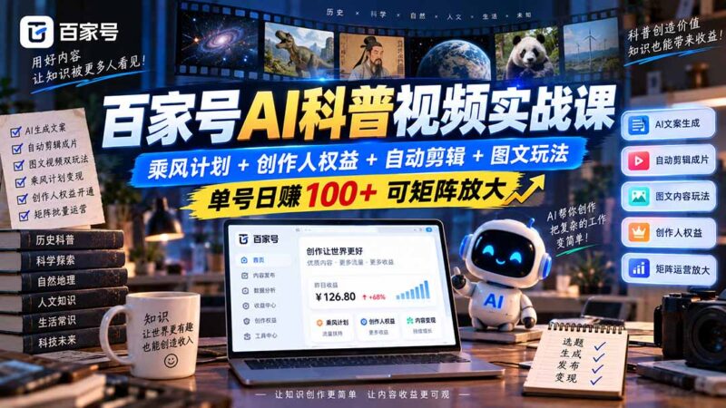 (20579期)百家号AI科普视频实战课:乘风计划+创作人权益+自动剪辑+图文玩法,单号日赚100+可矩阵放大-百科网