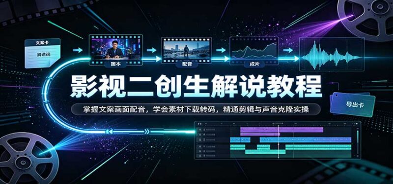 影视二创解说教程:掌握文案画面配音,学会素材下载转码,精通剪辑与声音克隆实操-百科网