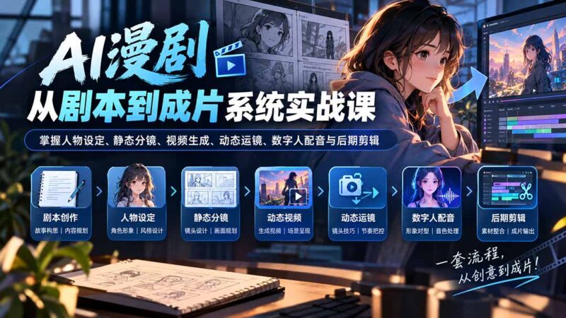 (20375期)AI漫剧从剧本到成片系统实战课:掌握人物设定、静态分镜、视频生成、动态运镜、数字人配音与后期剪辑-百科网