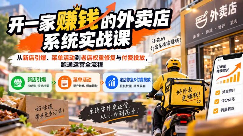 (20258期)开一家赚钱的外卖店系统实战课:从新店引爆、菜单活动到老店权重修复与付费投放,跑通运营全流程-百科网